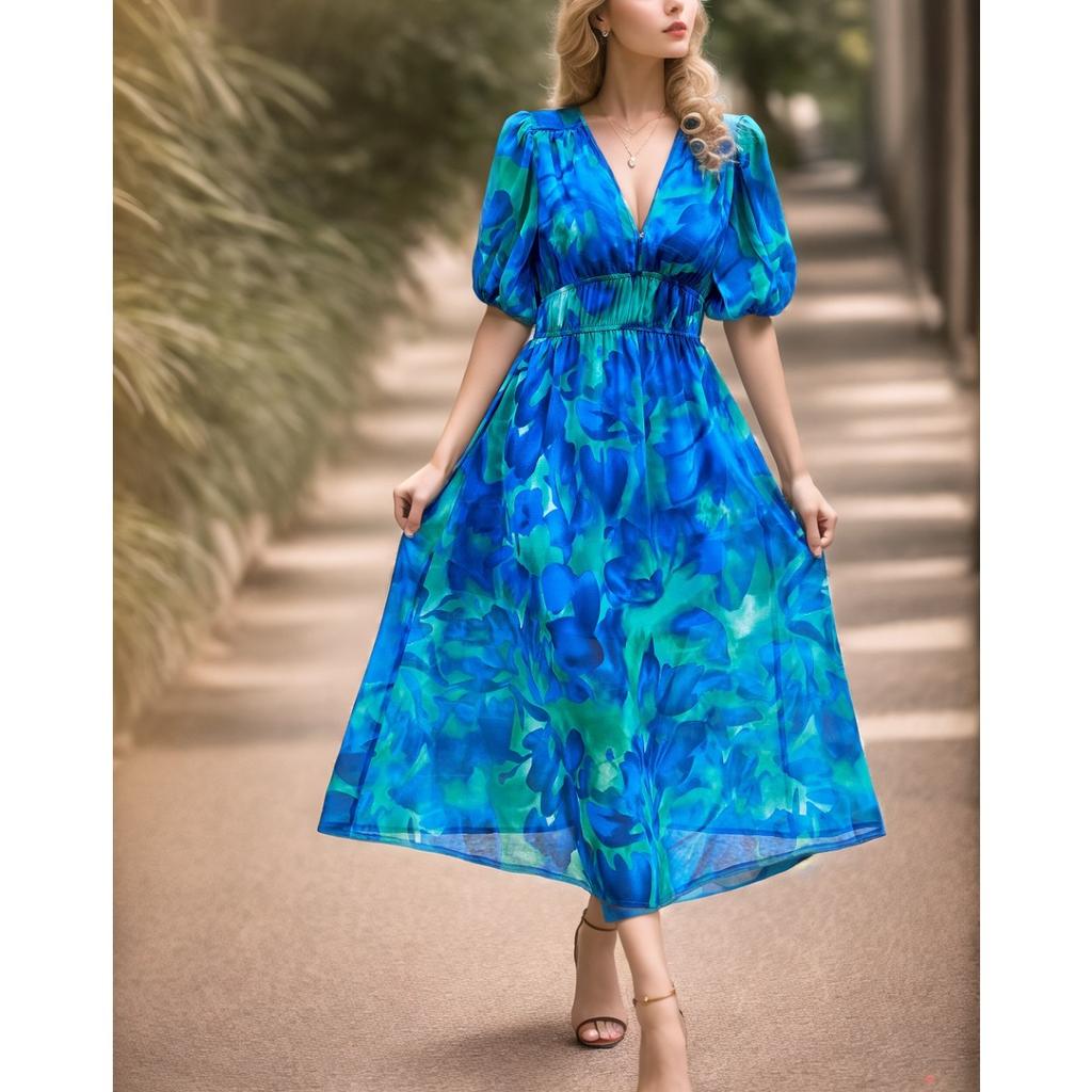 Summer Women's V-neck Waist Cinched Printed Long Dress, European American Style Casual Dress for Crossborder