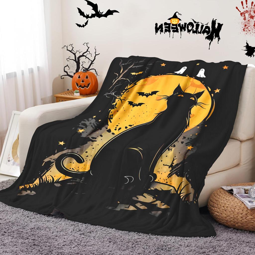 1pc Halloween flannel plush blanket, black cat, moon, bat printed blanket, exquisite Halloween gift blanket