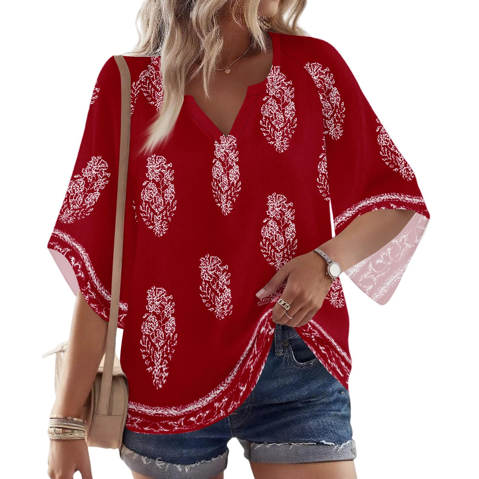 

Женская блузка с рукавом 3/4, V-образным вырезом и цветочным принтом, повседневная, свободная туника XL красный
