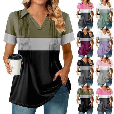 Camisetas femininas de manga curta, plissadas, decote em V, estampa, gola alta, verão, moda, negócios, casual, trabalho