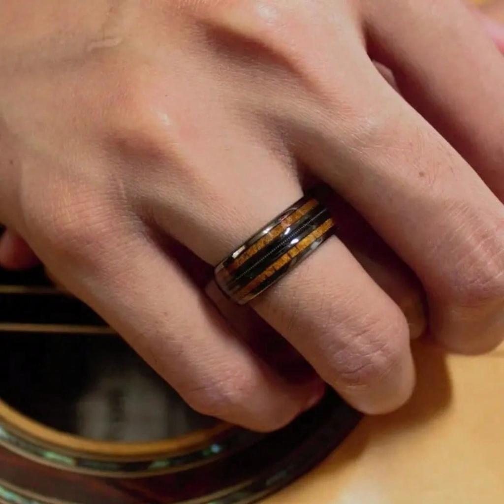 1pc Titanium Steel Fashionable Double Wood Grain Sandwich Ring, Suitable for Daily Wearg