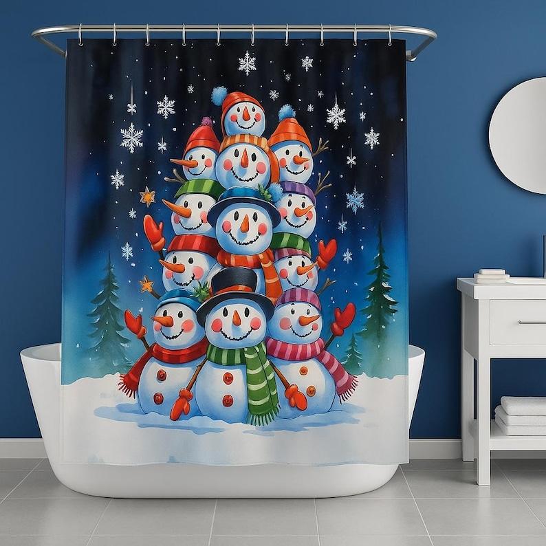 

Snowman Pyramid Christmas Shower Curtain, Festive Holiday Bathroom Decor with Winter Snowflake Design, Fabric for Xmas Party 90x180cm35x71in