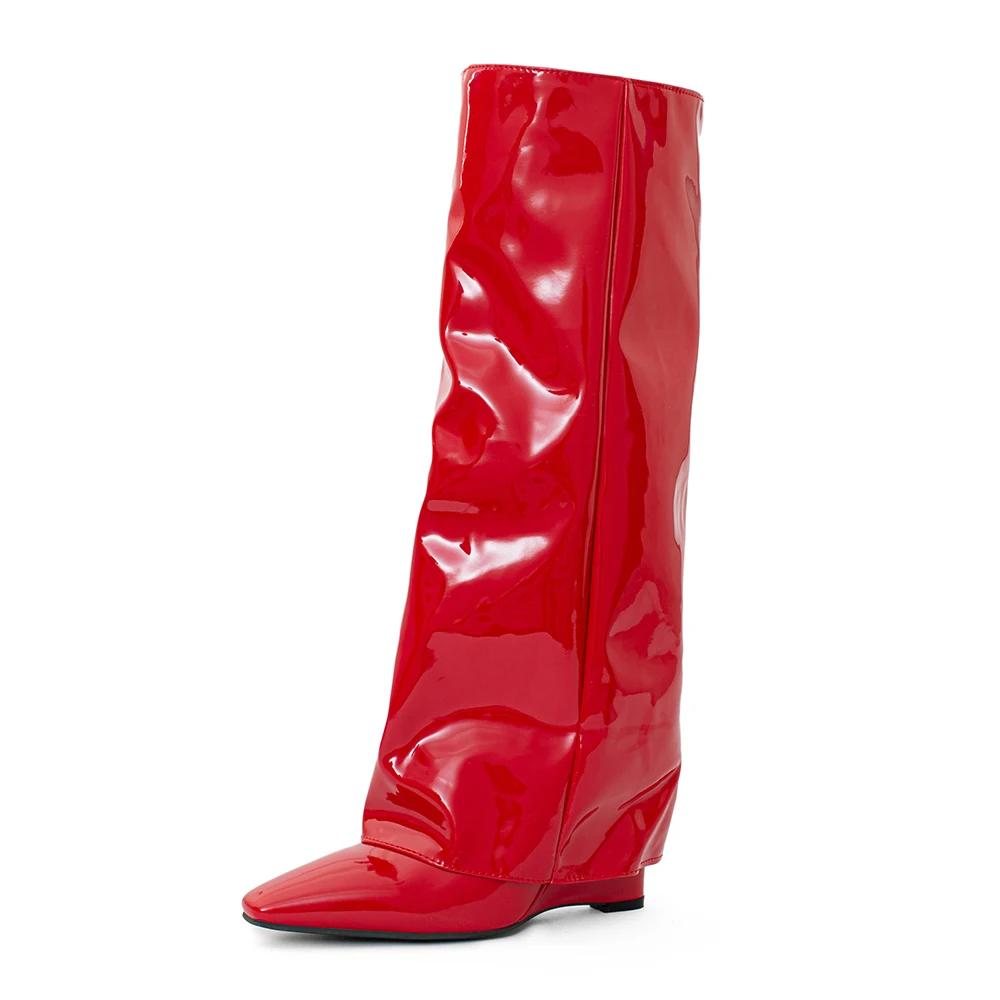 Fashion Pointed Toe High Heels Women Knee High Boots Brand Designer Soft Patent Leather Side Zip Wedges Winter Fashion 2025