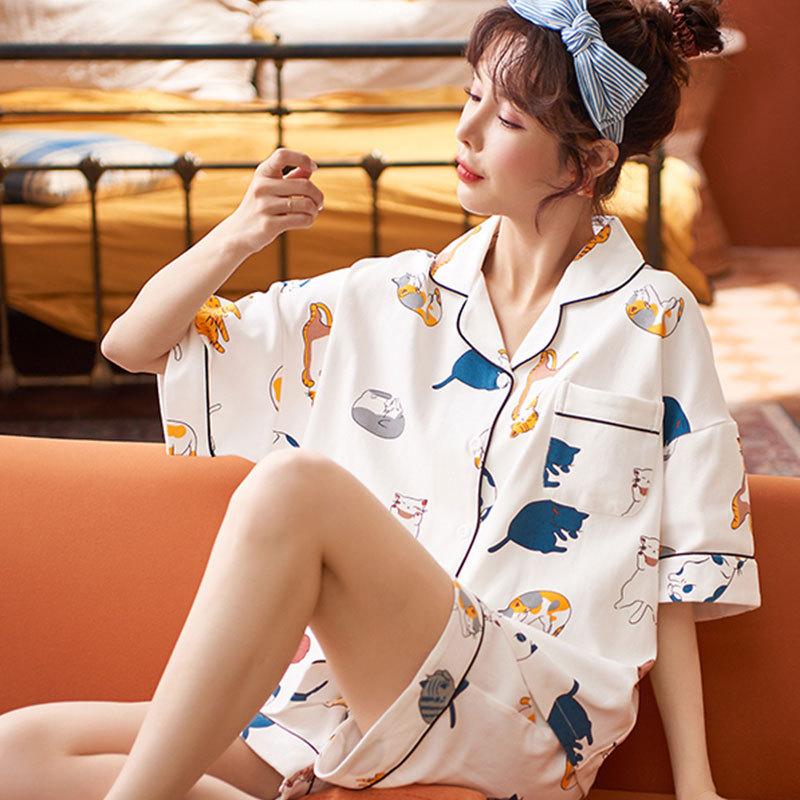 GMXIA High-quality Cotton-like Cute Cardigan Short-sleeved Student Pajamas for Women, Sweet Summer Style for Women's Home Wear