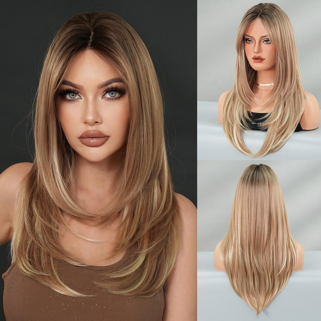 Women’s Daily Wear Lace Front Synthetic Full Wig Fashion Layered Straight Wig with Blonde Highlights