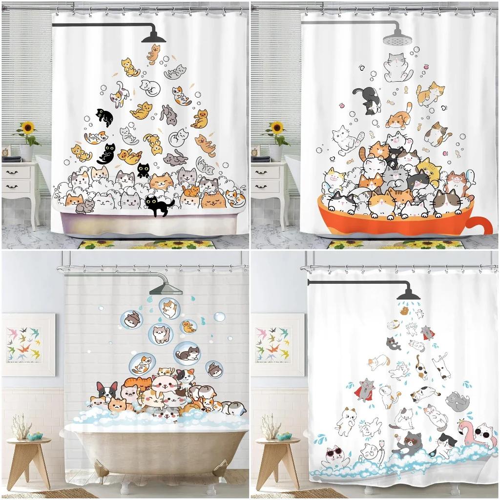 Cartoon Cute Animal Bathing Cat and Dog Shower Curtain Pattern Children's Bathroom Bathtub Decorative Polyester Shower Curtain