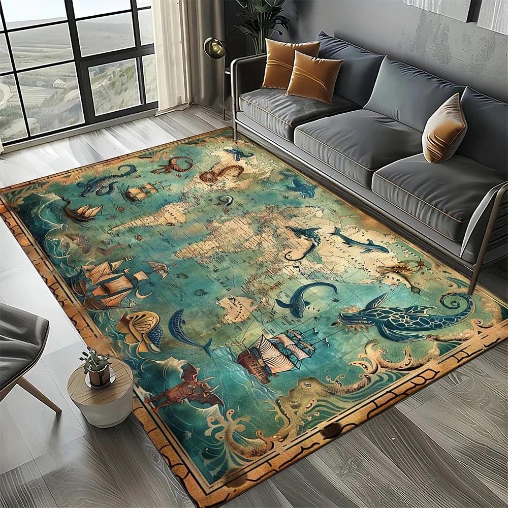 Vintage Nautical Map Rug with Sea Monsters Sailing Ships Retro Ocean Adventure Carpet Soft Durable Living Room Bedroom Decor