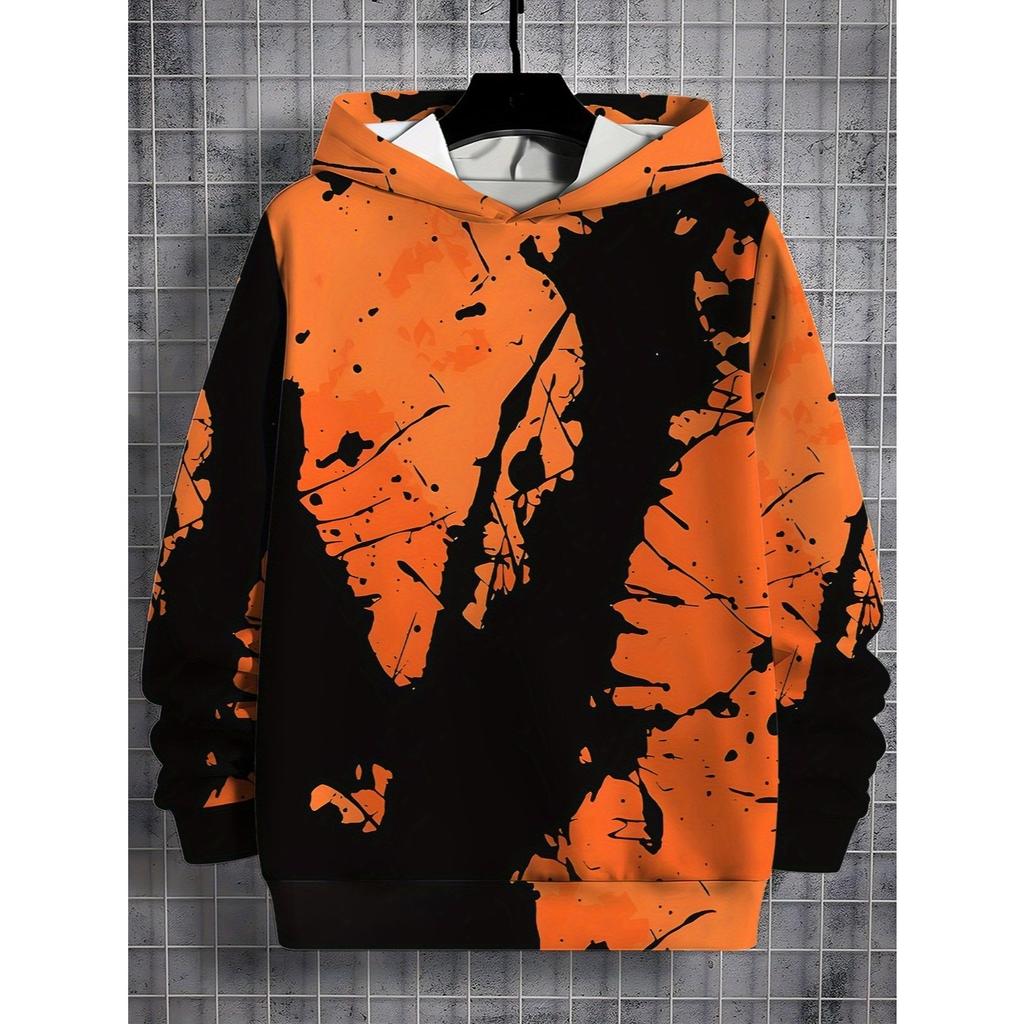 3D Digital Printing Street Trend Orange Black Splashed Ink Art Pattern Hooded Sweatshirt, Fashionable Casual Children's Clothing