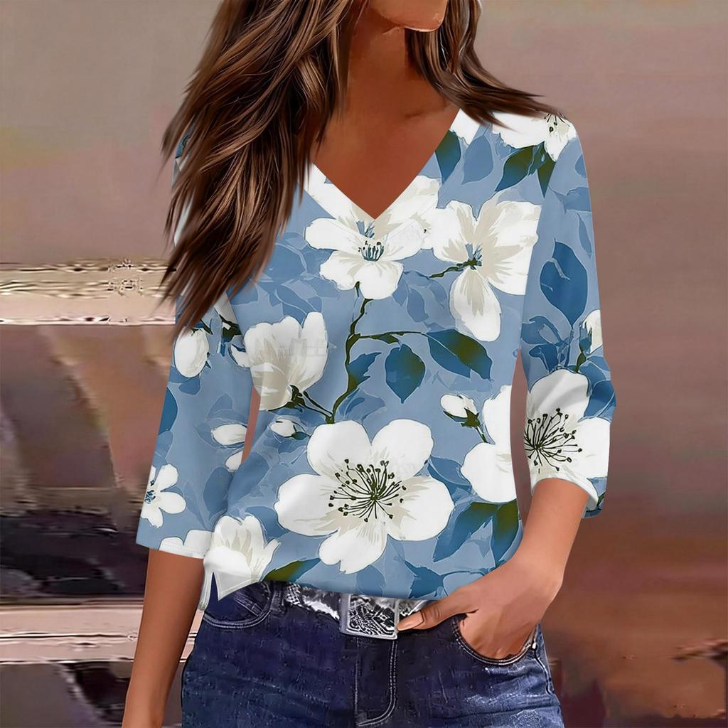 Women’s V Neck 3/4 Sleeve Blouse with Large Floral Print Relaxed Fit Lightweight Casual Top for Daily Wear