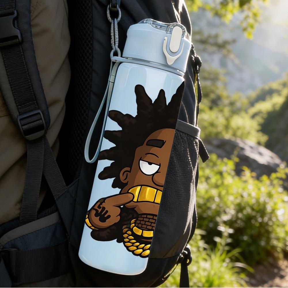 1PC Afro Boy Hip Hop Character Print 750ml Color Plastic Sports Water Bottle Leakproof Flip Straw Lid Suitable for Sports Office Home Use