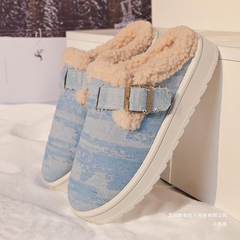 New Shoes, Large-sized Snow Boots, Women's Shoes, Winter Thick-soled Fleece Buckle Warm Cotton Slippers