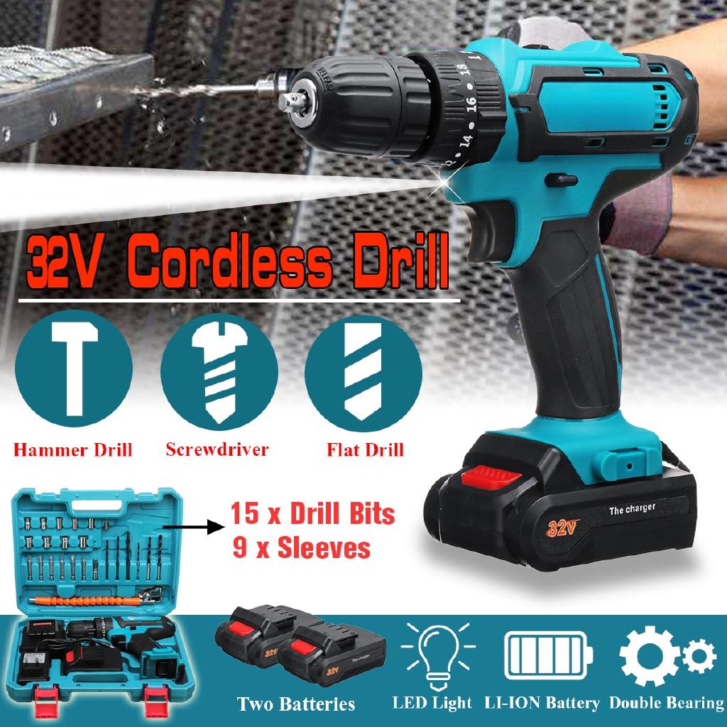 2-Speed Electric Cordless Drill 3 in 1 Screwdriver 2 Li-Ion Batteries 32V