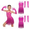 Kids Girls Latin Dance Leotard Sleeveless Cross Back Mesh Patchwork Tiered Tassel with 1 Pair Mesh Gloves for Competition