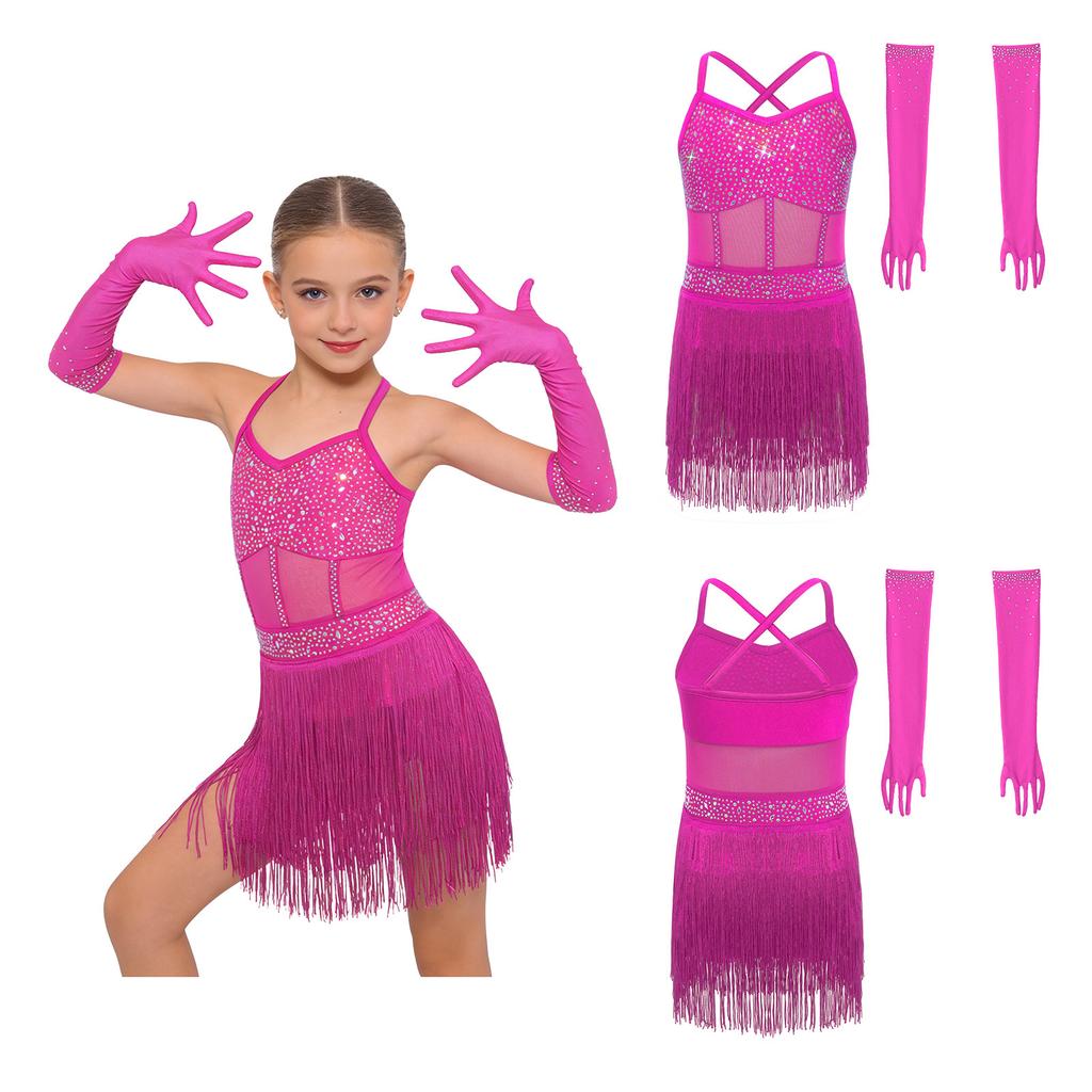 Kids Girls Latin Dance Leotard Sleeveless Cross Back Mesh Patchwork Tiered Tassel with 1 Pair Mesh Gloves for Competition