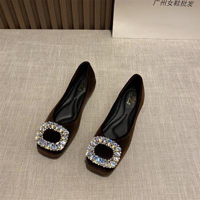 Sapatos Rasos de Moda para Mulheres Primavera e Outono de 2025 Novos Camurça Diamante Bico Quadrado Boca Rasa Francesa Sapatos Rasos Tamanho Grande 43 44