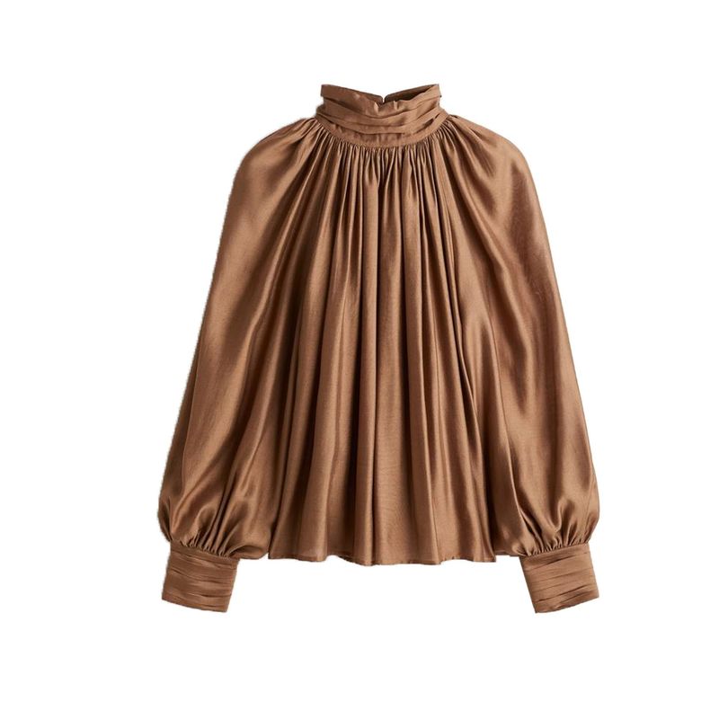 

New Fall Women s Clothing French Style Design Stand Collar Raglan Lantern Long Sleeve Draped Tops 1297202 Brown L