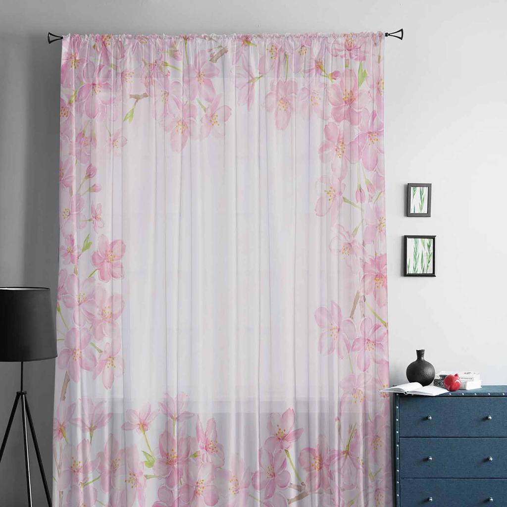 Cortinas de Tule com Borda de Flor de Cerejeira em Aquarela para Sala de Estar, Quarto, Hotel, Decoração de Luxo, Cortinas Transparentes
