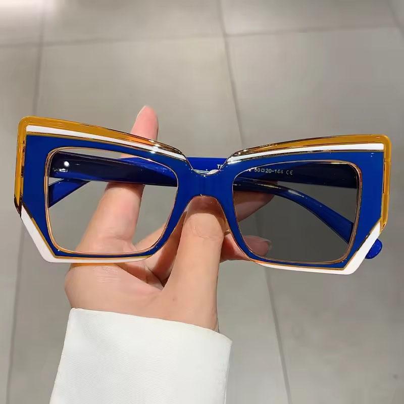 Women's Large Frame Pochromic Reading Glasses Retro Anti-blue Light Eyewear Polygon Color Blocked Presbyopia Eyeglasses+2.0