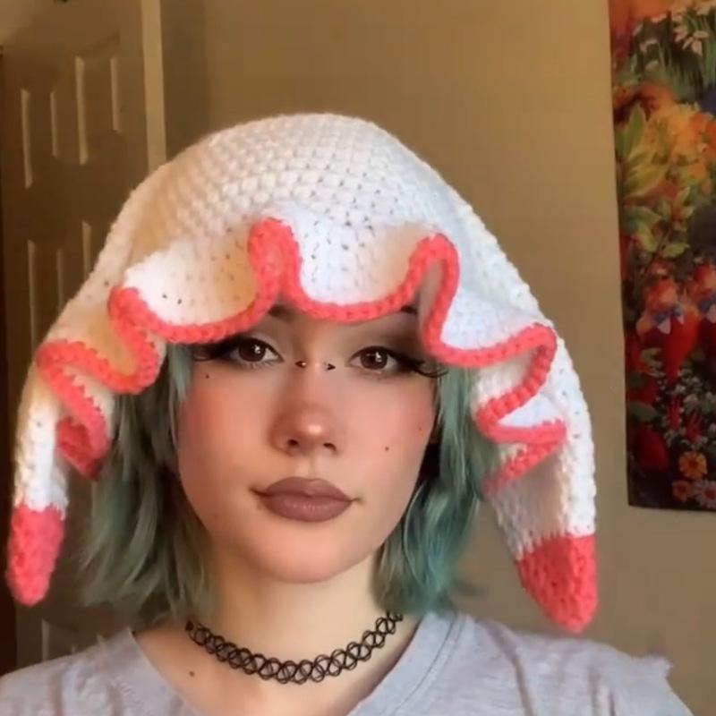 New Hand Knitted Embroidered Big Brim Hollow Fisherman Hat Showing Face Little Cute Knitted Hood