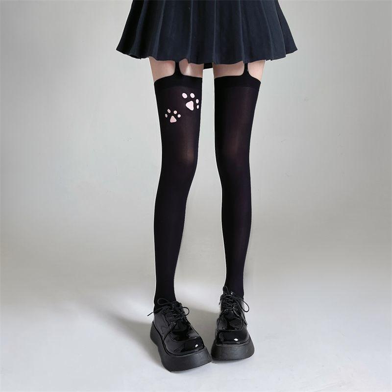 Velvet Stockings Small Tits Dog Paw Print Suspenders Stockings Cute Cartoon Socks Cat Paw College Wind Knee Socks