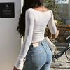 Dame T-skjorte Langermet solid firkantet-hals T-skjorter Lang topp T-skjorte Dame T-skjorte Topp T-skjorte Femme Camiseta Mujer T-skjorte kvinner