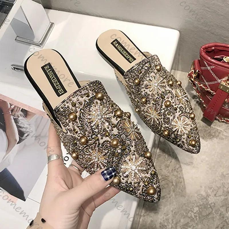 Fashion Comemore Women Slippers Fashion Pointed Rhinestone Rivet Flat Women Shoes Slip-On Mules Loafer Sandals Slides Ladies Shoes