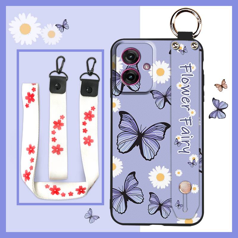 Soft case Wrist Strap Phone Case For MOTO G55 5G Oil Painting Flower Phone Holder Anti-dust Shockproof Lanyard Kickstand