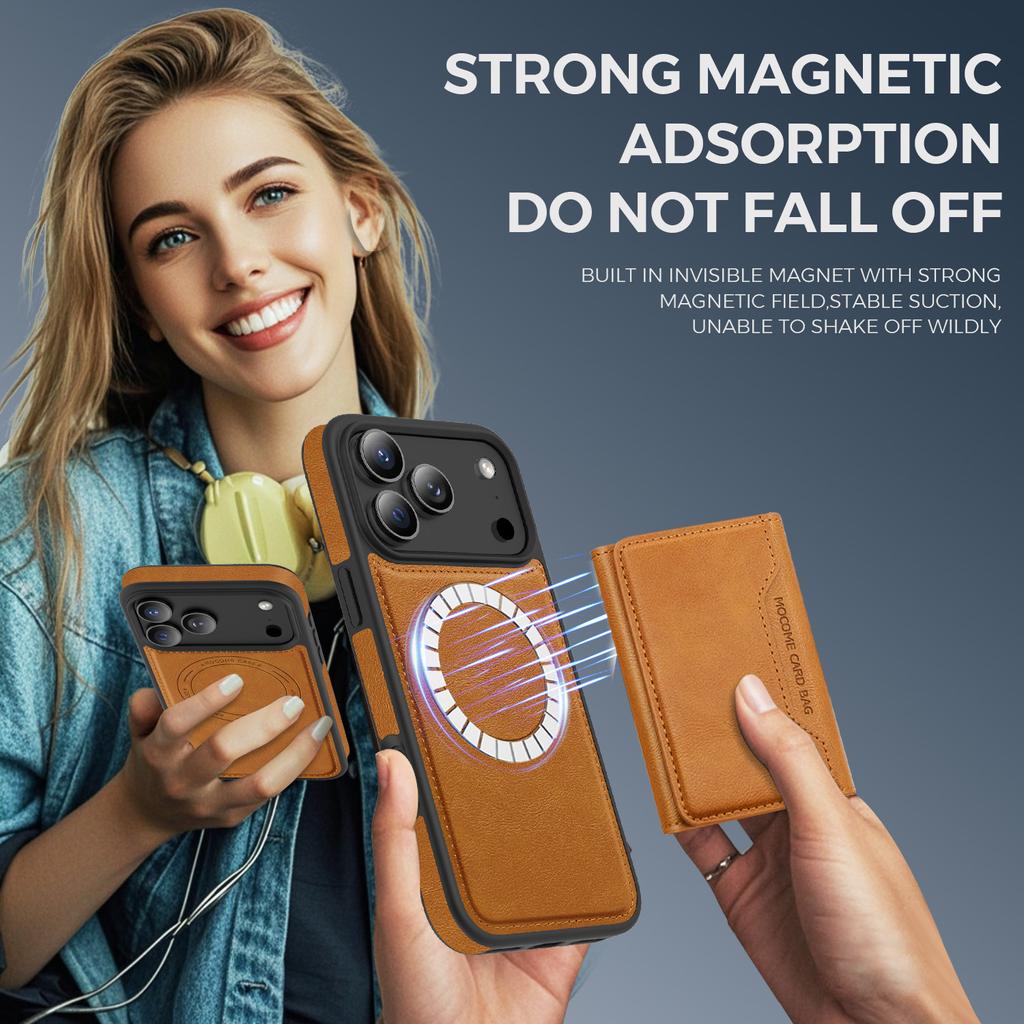 For iPhone 17 Pro Case Compatible with MagSafe Leather Back Phone Cover with Detachable Card Bag