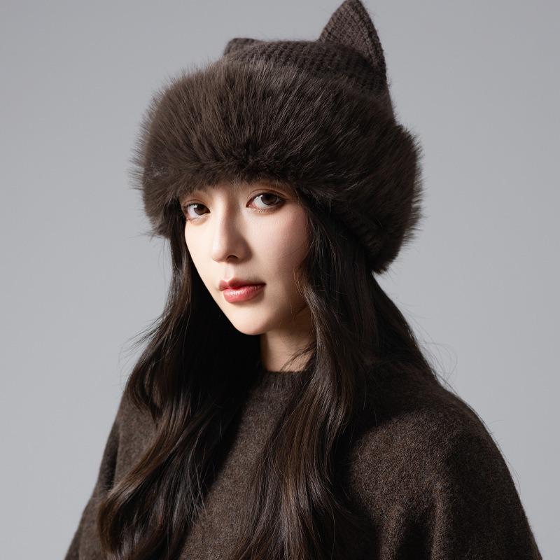 Korean Style Cute Cat Ears Plush Knit Hat Autumn Winter Warm Casual Beanie