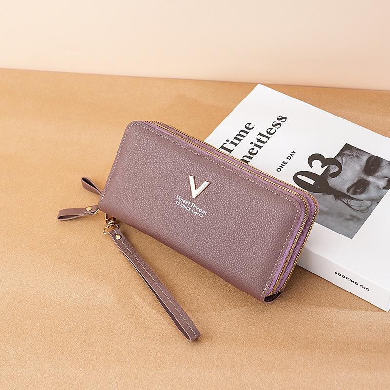 New women's wallet, fashionable double-layer zipper, long clutch bag, lychee pattern mobile phone bag, thick and multi-card space, large capacity