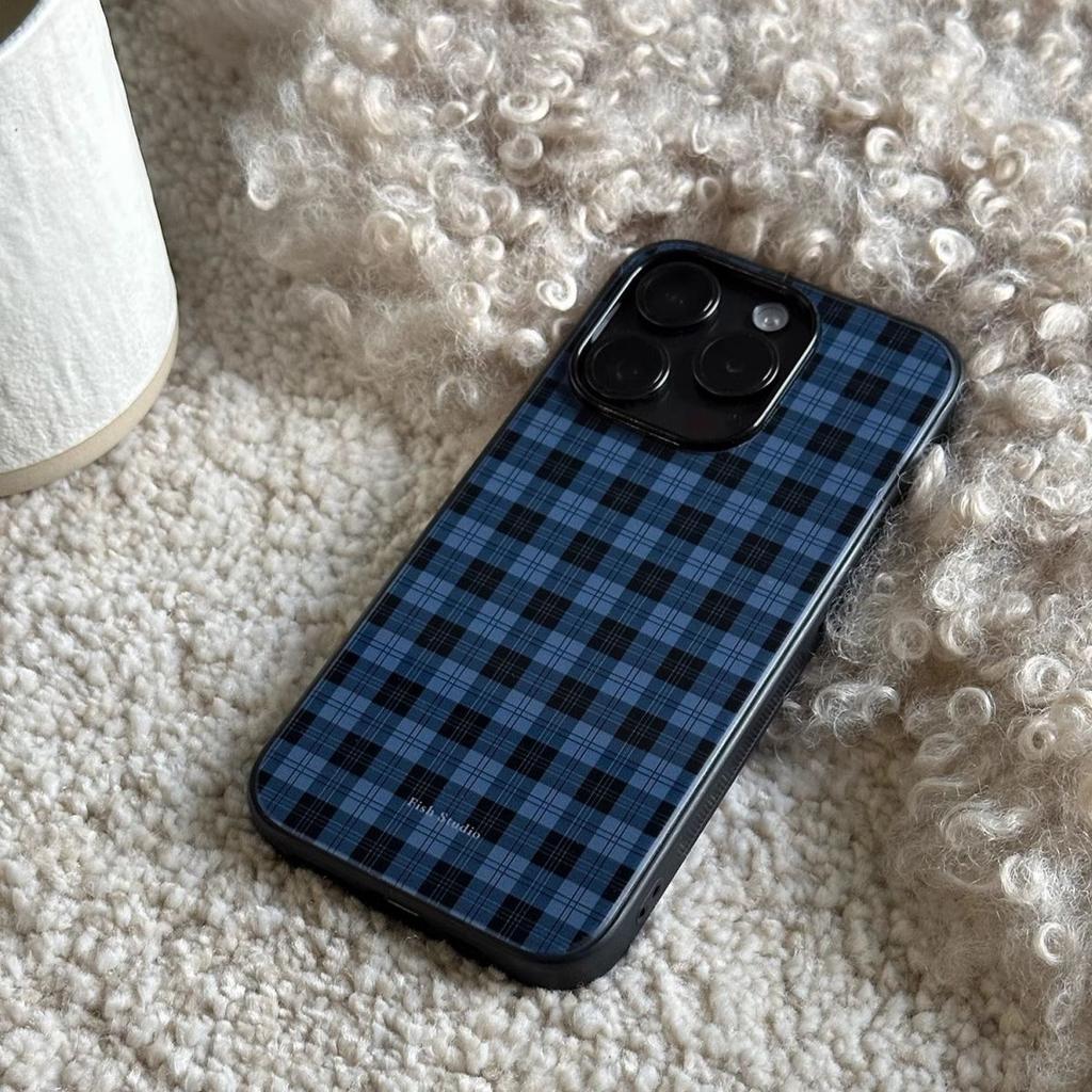 New Minimalist High-end Deep Blue Grid Phone Case For iPhone 17 Air 16 15 14 12 13 11 Pro Max Mini Plus Anti Drop Y2k Back Cover