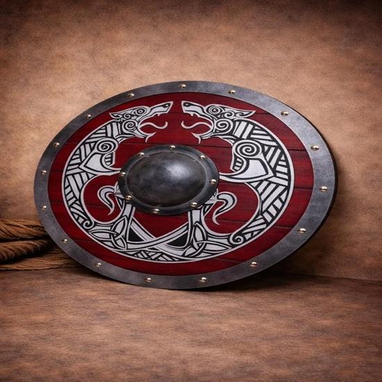 Viking Red Round Shield with Twin Wolves Handmade Norse Wooden Shield 60.96 Cm Nordic Wall Decor LARP Cosplay Gear Medieval Warrior Prop