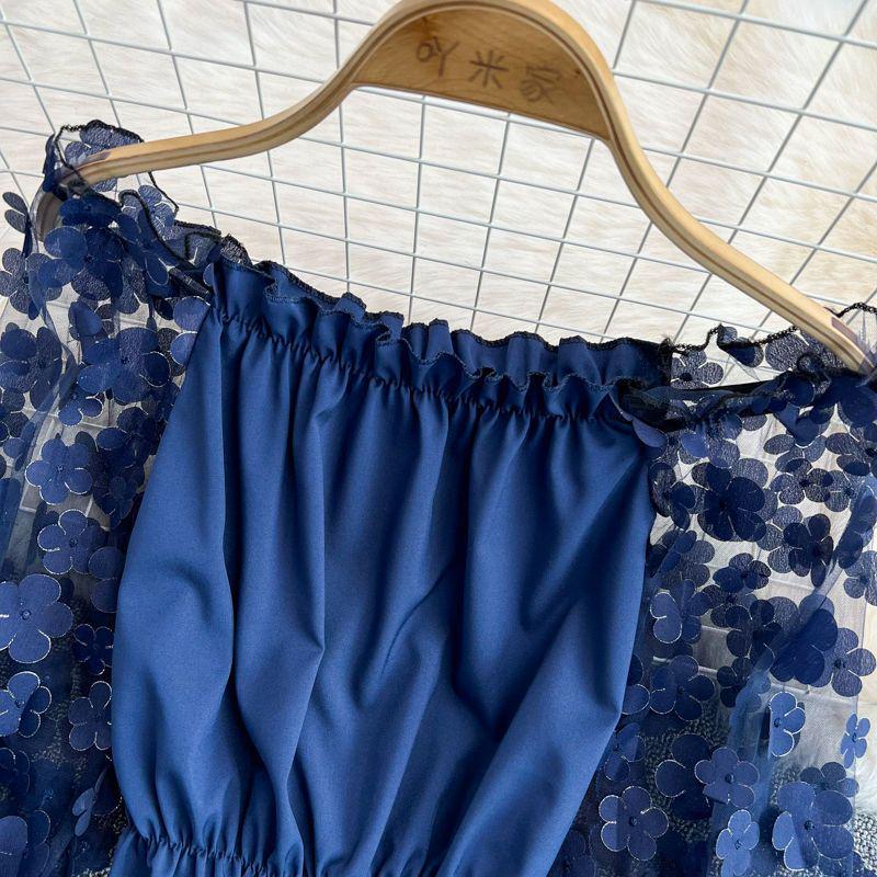 Top da Donna Elegante Monospalla in Chiffon a Rete Floreale 3D - Ampio, Modellante in Vita e Off-the-Shoulder per l'Estate