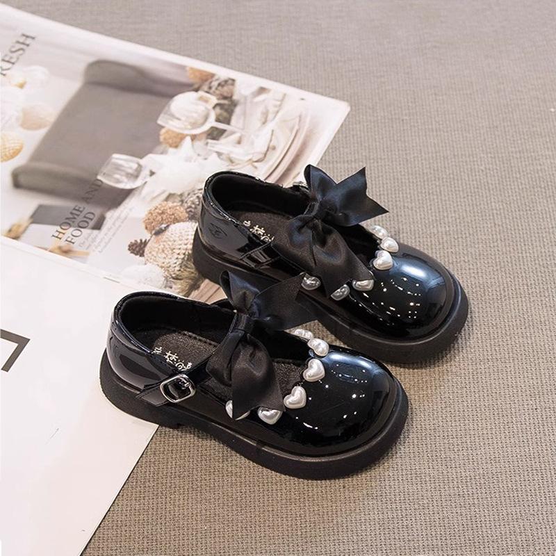 Girls Pearl Bow Princess Shoes 2025 Spring and Autumn New Korean Version Children's Patent Leather Glossy Small Leather Shoes Single Shoes