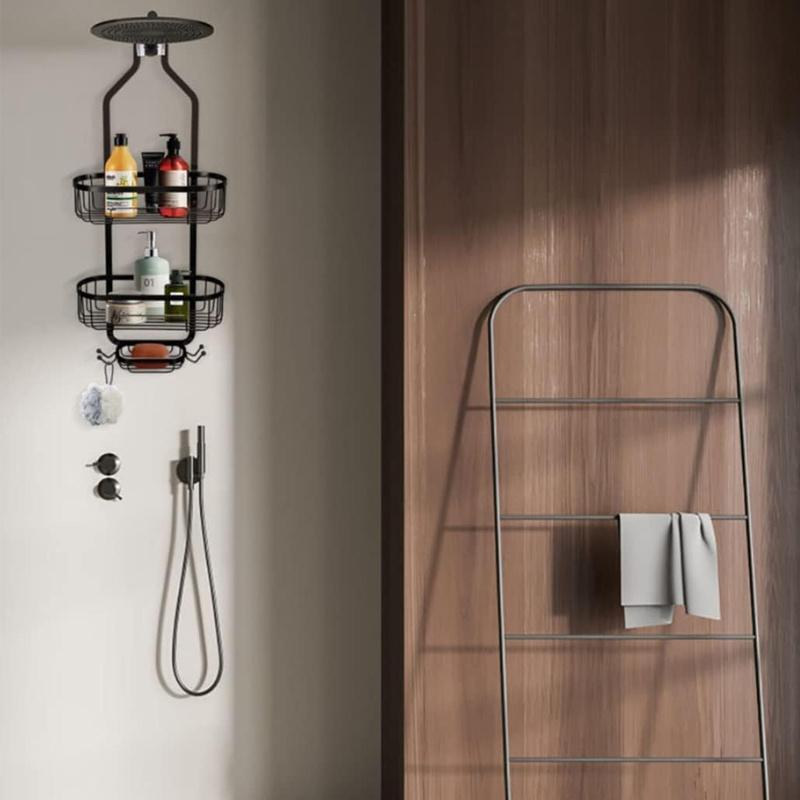 1pc 3 Layers Bath Supplies&shower Head Wall Mounted Storage Rack, Equipped with Suction Cups and hooks,Shower Organizer Rack for Home&dormitory.