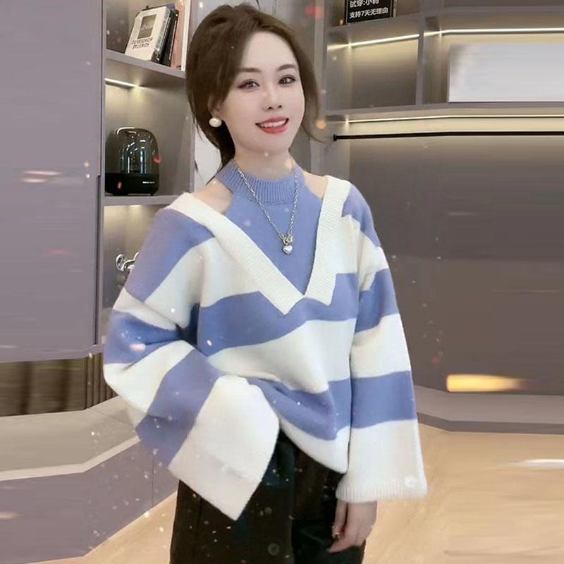 Pullover 2023 Casual Long Sleeve Pullover Knitwear Top Fake Two Piece Neck Hanging Off Shoulder Striped Sweater Pullover Women