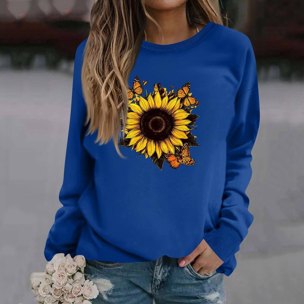 Sweat-shirt décontracté à manches longues et col rond pour femme, couleur unie, imprimé