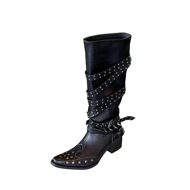 2025 Super Fire Boots Children's Modified Legs Pointed Heel Heel Rivets Black But Knee Knight Boots