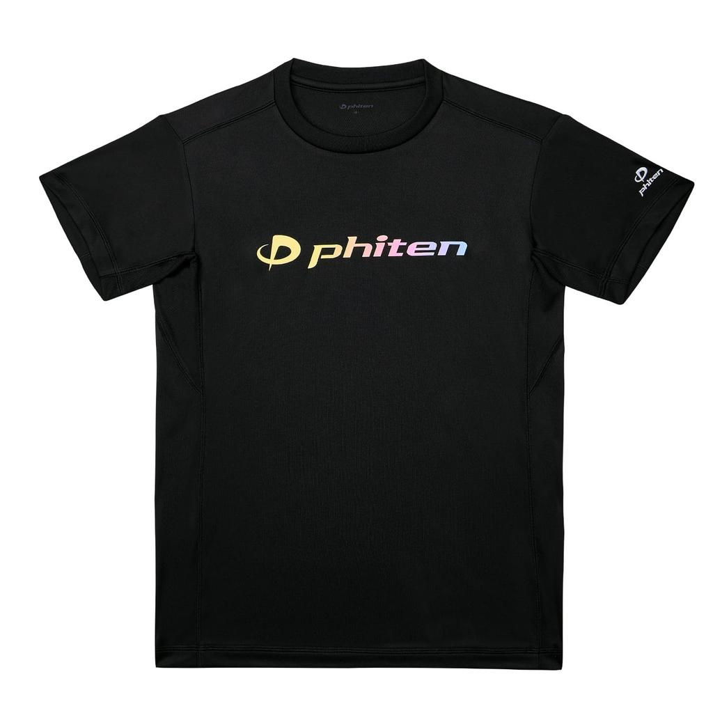 phiten RAKU Shirt, Short Sleeve, Black/Gradient (Yellow, Pink, Blue), Size O, Unisex, Sports, Club Activities, Logo, Exclusive Design
