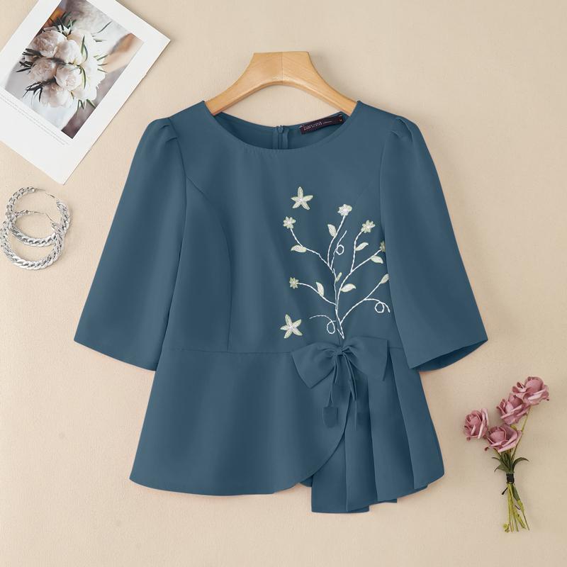 

ZANZEA Женская повседневная блузка с круглым вырезом, летняя, с рукавом до локтя, с вышивкой 5XL тёмно-синий