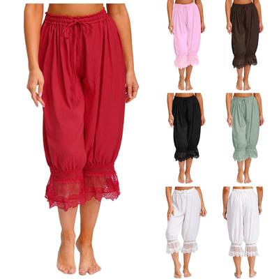 S-L Women's Lace Trim Bloomers: Versatile Midi Harem Pants with Drawstring, Loose Wear & Medieval Pirate Costume