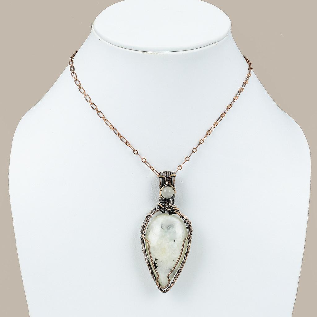 Rainbow Moonstone Gemstone Copper Wire Wrap Jewelry Pendant 2.95"