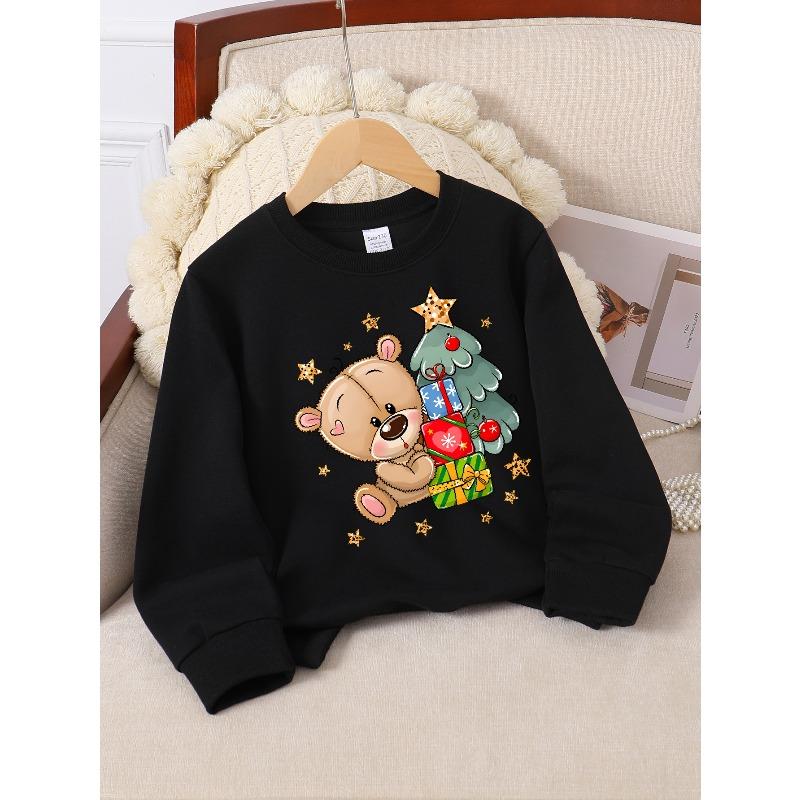 European sizes Girls' Crewneck Sweatshirt Cute Bear Christmas Tree Gifts Stars, Soft Comfy Sportswear for Children & Teens