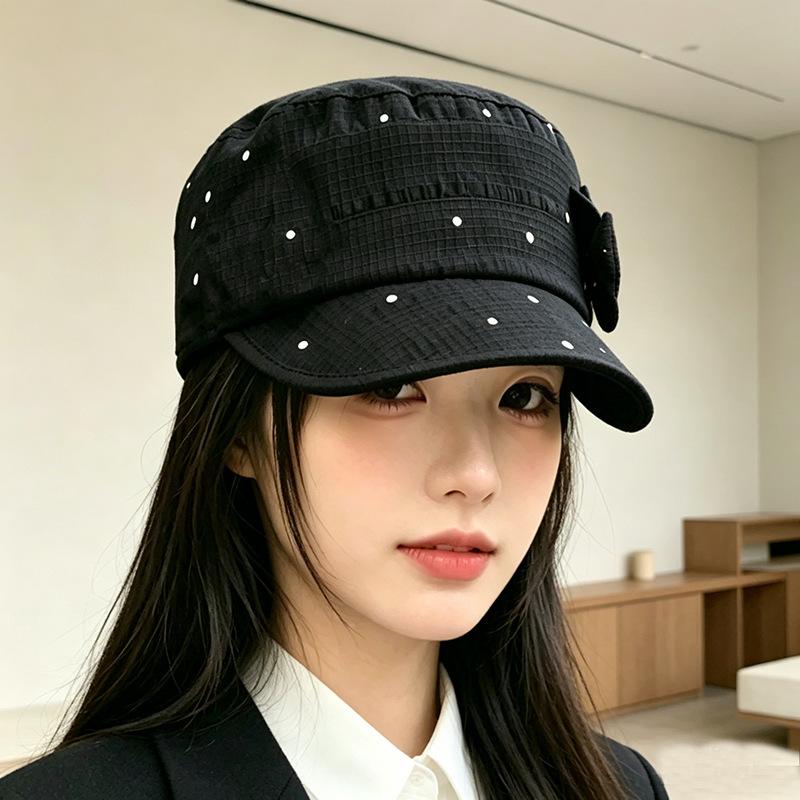 New removable bow polka dot flat top equestrian hat girl heart cap summer thin newsboy hat