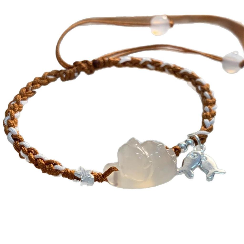 Handmade Cute Kitten White Chalcedony Rope Bracelet: Mori Style & Versatile Design