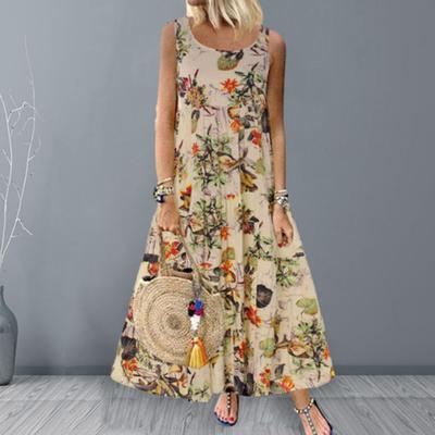 Damen-Maxikleid, ärmellos, mit Blumenmuster, lockerer Saum, A-Linie, großes Swing-Kleid, Patchwork, knöchellang, Strandkleid in Übergröße