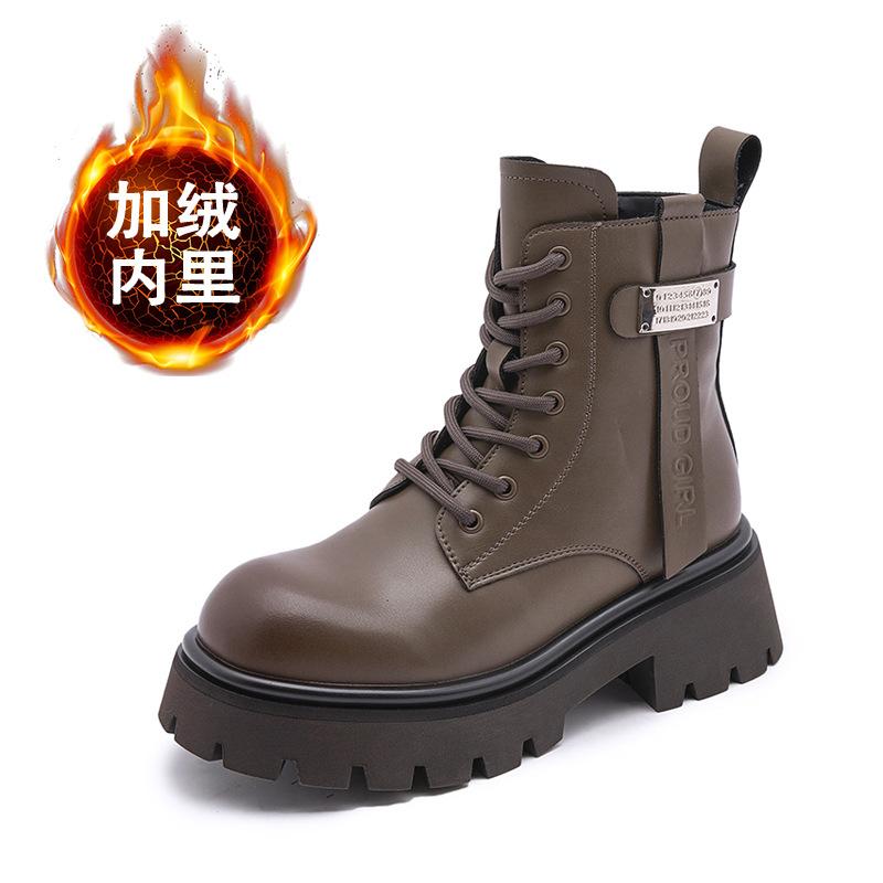Leather Martin boots women's 2025 winter new thick heel medium tube women's boots thick-soled versatile velvet British style short boots