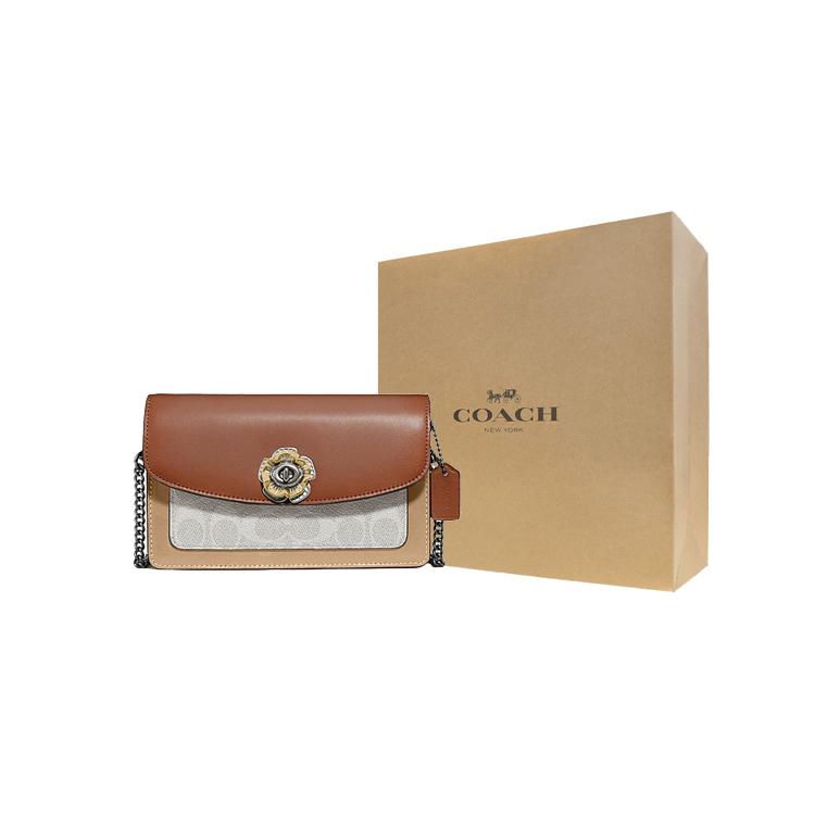 New COACH Parker Coated Canvas With Refined Calfskin Shoulder Bag, Crossbody Bag Small Women's Brown Monogram 1680-B4R7F