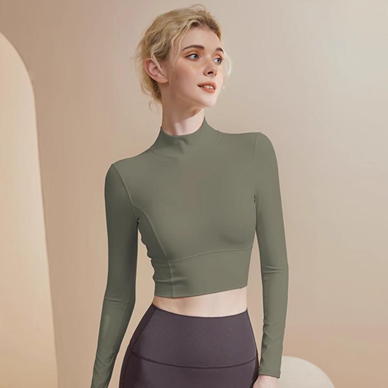 

Женский утягивающий костюм для йоги с высоким воротом и нагрудными вкладышами - с длинным рукавом для бега и пилатеса L