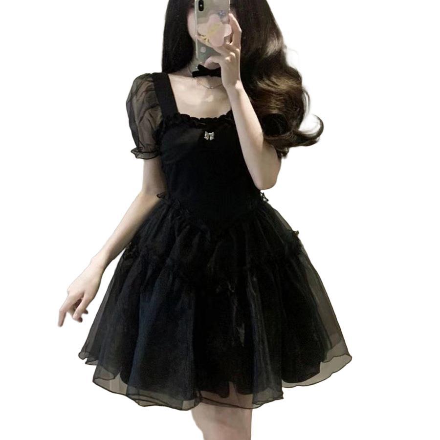 First Love French Retro Black Pure Desire Dress Women's Summer Design Niche Bubble Sleeve Mesh Fluffy Short Skirt